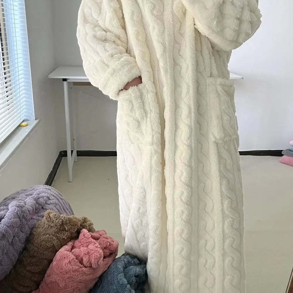 Flannel Nightgowns Long Sleeve Women Loose Double Pocket Solid Sleepwear Jacquard Night Dress Thickened Winter Warm Nightdress