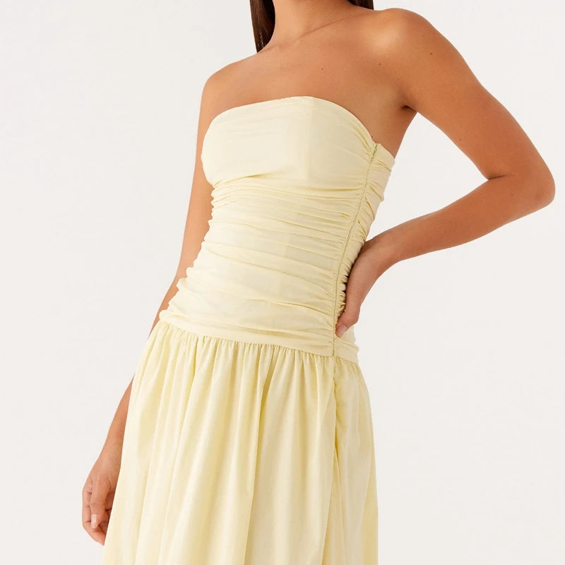 Maemukilabe Women Summer Strapless Maxi Dress Sexy A Line Flowy Tube Top Dress Y2K Elegant Wedding Party Cocktail Long Dresses