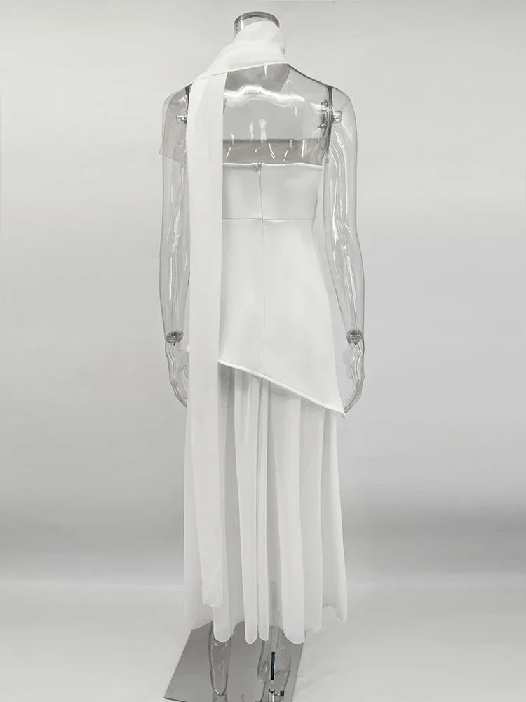 Elegant Strapless Dress With Ribbon Female Fashion Sleeveless Mesh Beach Vacation Long Robes 2025 Spring New Women's Dresses